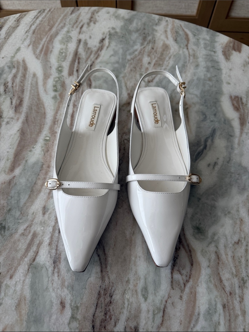 Larroude White Patent Pointed Slingback Mules with Mary Jane Strap